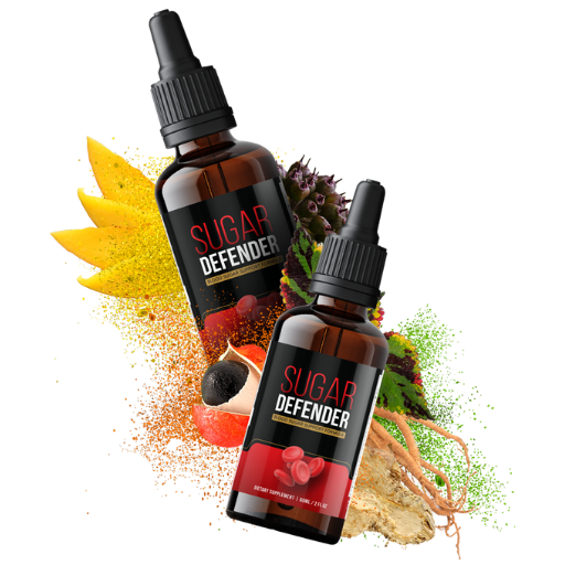 Two bottles of Sugar Defender dietary supplement with natural ingredients in the background
